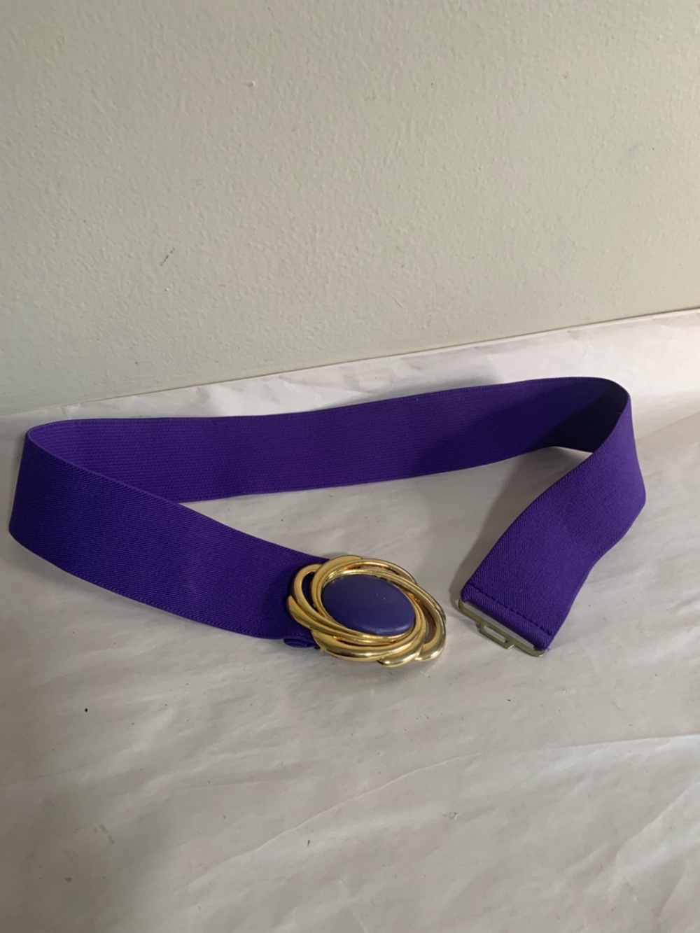 Vintage 80’s Retro Purple Elastic Stretch Belt Gold Brass Buckle One Size 32”